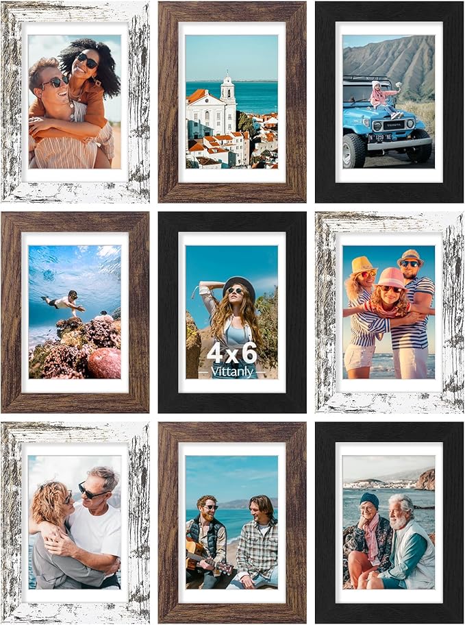 Vittanly 4x6 Picture Frames Set of 9, Display 3.5x5 Pictures with Mat or 4x6 without Mat, Photo Frames for Wall or Tabletop with Plexiglass, Engineered Wood, Black&Brown&Distressed White