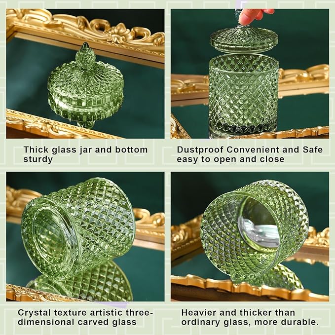 Aoriher 4 Pcs Crystal Glass Candy Jar Set with Lids Home Decorative Storage Jars for Apothecary, Bathroom, Kitchen, and Pantry, Ideal for Cotton Swabs and Jewelry (Large,Green)