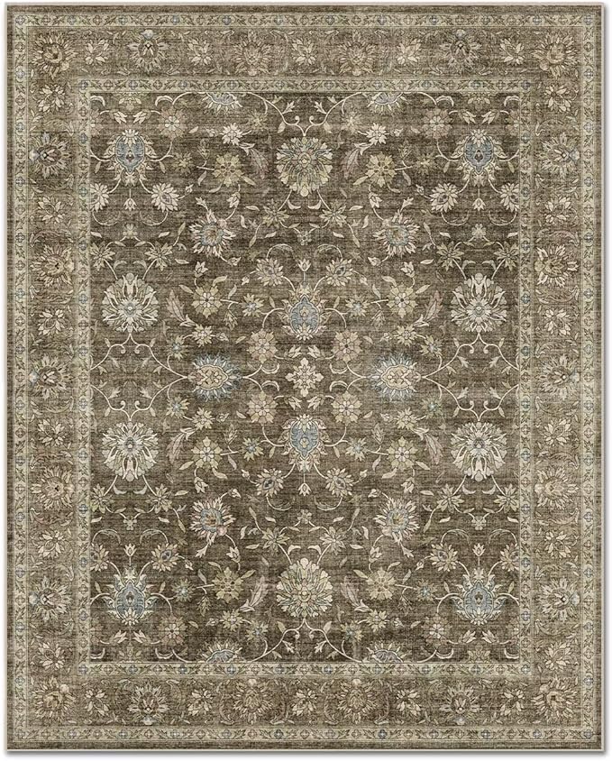 Washable 3x5 Entryway Rug, Boho Non-Slip Vintage Distress Small Rugs for Kitchen Nursery Office Bedroom, 0.3" Neutral Oriental Throw Thin Carpet with Cushioning Pad, Tan/Flaxen/Multi