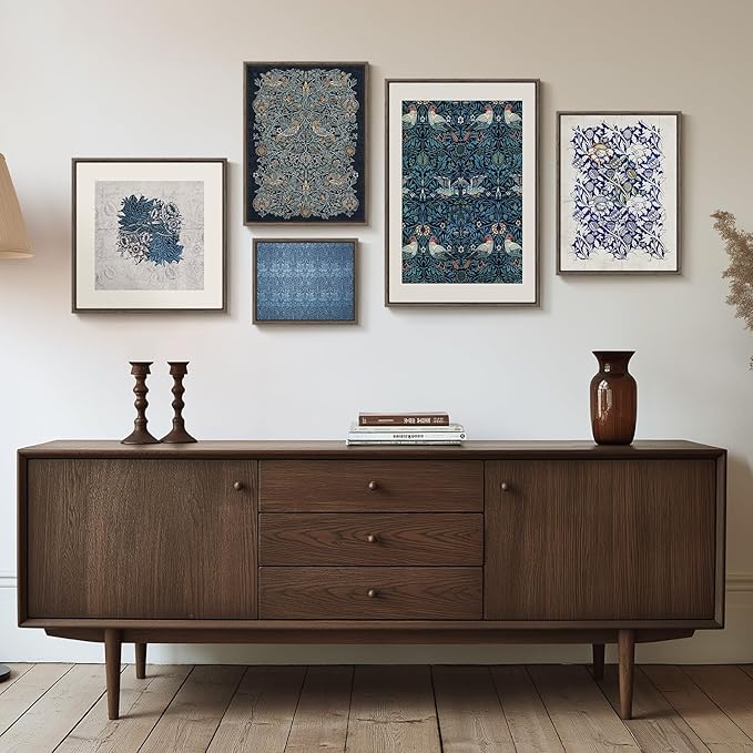 Framed William Morris Wall Art for Living Room, 5 Piece Large Vintage Blue Canvas Prints Set, Floral Botanical and Bird Pattern Aesthetic Decor for Bedroom, Hallway, Home Office, Kitchen, Guest Room