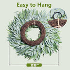 26 Inch Large Eucalyptus Wreath for Front Door Year Round, Spring Summer Greenery Farmhouse Wreath with Detachable Bow, Everyday Home Decor Used for Front Door Wall Porch