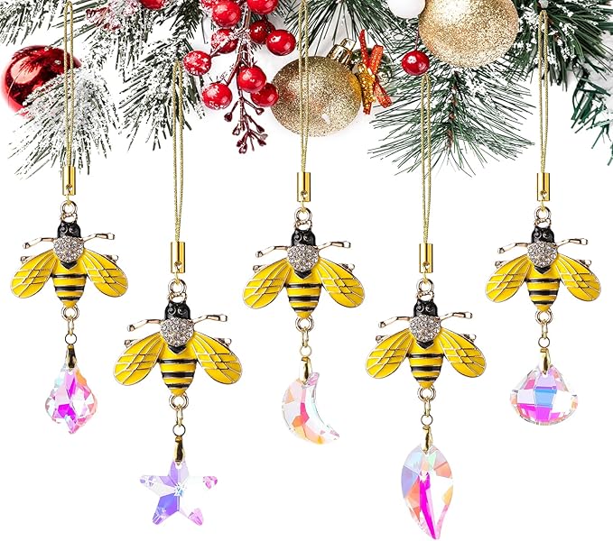 5PCS Hanging Decorations Xmas Tree Hanging Metal Bee Ornaments Gold Bee Mini Crystal Prism Suncatchers for Party Wedding Home Decor