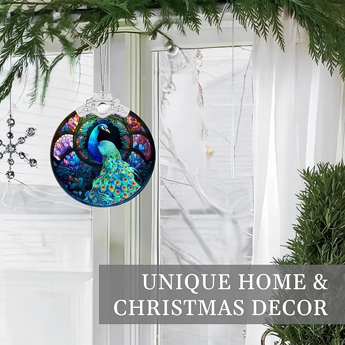 2025 Christmas Ornaments, Christmas Tree Ornaments Acrylic, Faux Stained Glass Effect White Elephant Gifts Exchange, Unique Suncatcher Xmas Stocking Stuffers for Women, Men (Peacock)