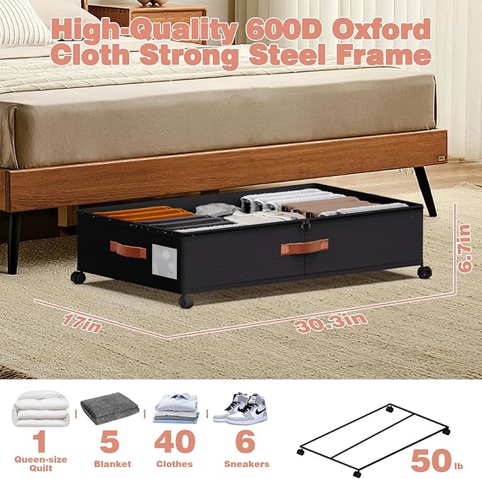 Under Bed Storage with Wheels - Rolling Underbed Containers with PVC Clear Lid & Dividers, 600D Oxford Fabric, PU Leather Handles, Adjustable Magic Tape Partition, XXL 66L (1, Black)