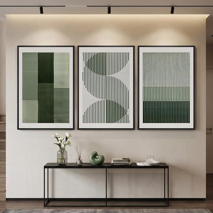 Large Framed Green Abstract Wall Art for Living Room, 3 Piece Modern Canvas Prints Paintings Artwork for Walls, Minimalist Sage Green Geometric Pictures Wall Decor for Hallway Dining Bedroom 24x36 In