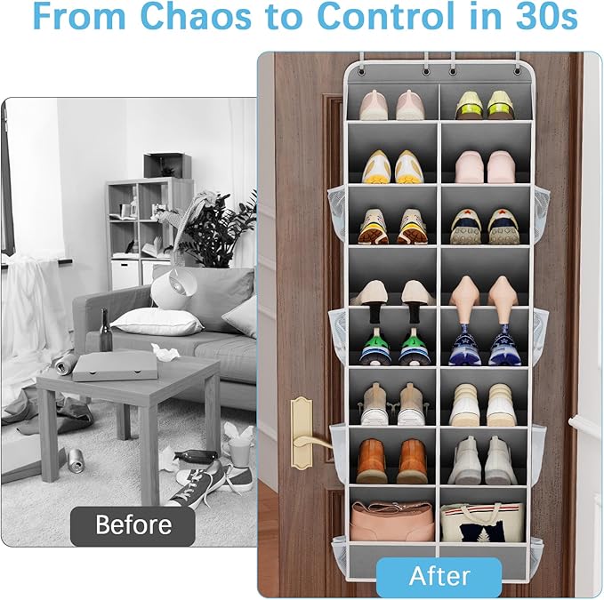 Yecaye 8 Tier Over the Door Shoe Organizer of Deep 16 Compartments, 50lbs Load Shoe Rack for Door in Oxford Holds 16-24 Pairs, Stain-Resistant Hanging Shoe Organizer for Closet, Grey