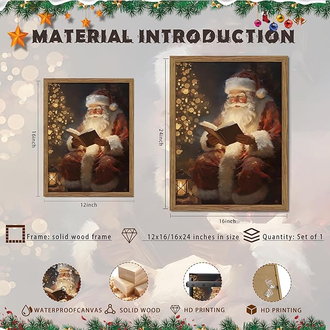 Framed Santa Christmas Wall Art, Vintage Santa Claus Reading Canvas Paintings, Christmas Print, Rustic Winter Holidays Decor, Farmhouse Christmas Pictures Wall Decor – 12x16in