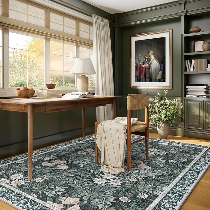 Vintage Floral with Ornate Border Washable 5x7 Area Rug, Soft Low Pile Carpet for Living Room, Dining Room Under Table, Bedroom | Non-Slip, Stain Resistant & Durable