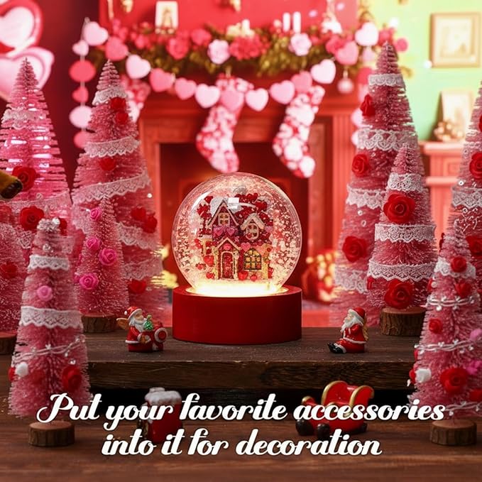Irenare 2 Set Valentine's Day DIY Snow Globes Set Warm Light Make Your Own Snow Globe with LED Light Red Wooden Base Clear Plastic Globe Kit for Valentine's Day Gift