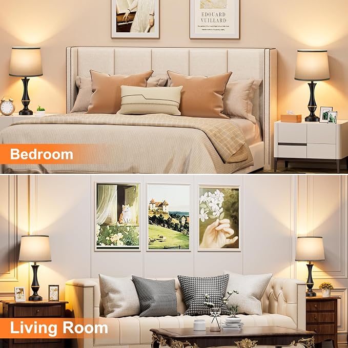 Seealle Upgraded Touch Lamps for Bedrooms Set of 2 - Nightstand Table Lamp with USB C+A, 3 Way Dimmable Lamps for Living Room(Grey)