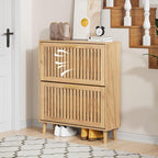 Shoe Storage Cabinet with Louvered 2 Flip Drawers, Narrow Shoe Cabinet Storage for Entryway, Freestanding Shoe Organizer Cabinet with Golden Handles, Slim Shoe Rack Cabinet 31.5in(Natural Wood)