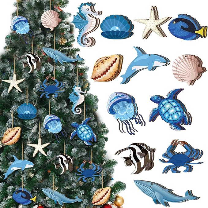 24 Pcs Summer Ornaments for Tree Wooden Ocean Beach Tree Decorations Coastal Nautical Wood Hanging Cutouts Beach Sea Animals Decorations with Rope for Summer Holiday Party Supplies
