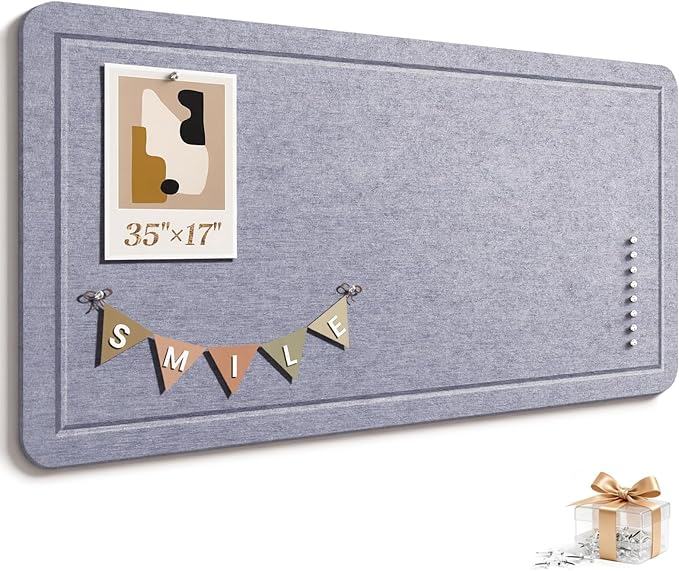 Large Bulletin Board, 35 X 17 Inches Felt Cork Board with 40 Pushpins, Foldable Felt Notice Pin Board Photo Display Board with Self-Adhesive Tape for Office Home School (Light Gray, 35x17 inch)