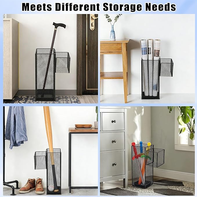OwnMy Metal Umbrella Holder for Entryway, Indoor Umbrella Stand for Entryway with Small Basket and Draining Tray, Modern Umbrella Storage Stand Rack for Home Office Hotel Entrance, 16.5" Height