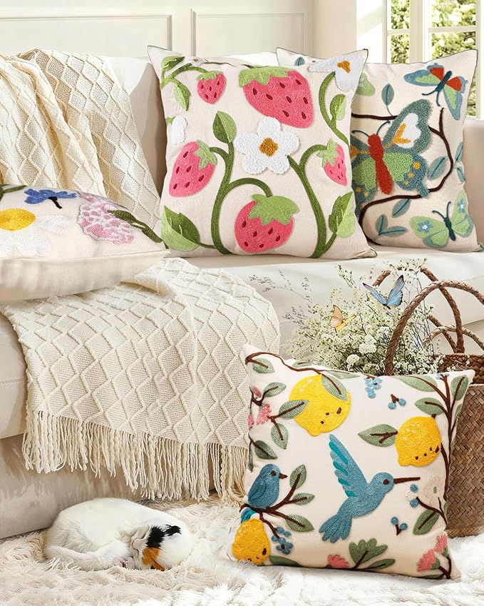Embroidered Throw Pillow Cover 18x18 Inch - Spring Summer Boho Decorative Pillow Cover with Zipper for Living Room Couch Sofa Bed Aesthetic Design Branch Butterfly Cushion Pillowcase