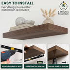 Floating Shelves for Wall 55 in x 9.3 in Deep, Wall Mounted Rustic Wood Shelf with Invisible Brackets for Storage & Display, Living Room Bedroom Bathroom, Walnut, 1 Pack