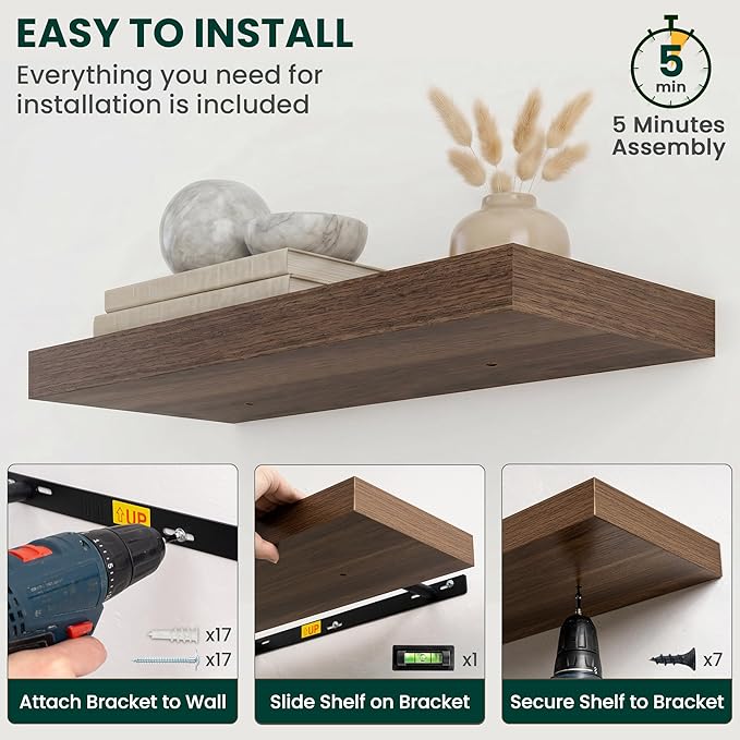 Floating Shelves for Wall 55 in x 9.3 in Deep, Wall Mounted Rustic Wood Shelf with Invisible Brackets for Storage & Display, Living Room Bedroom Bathroom, Walnut, 1 Pack