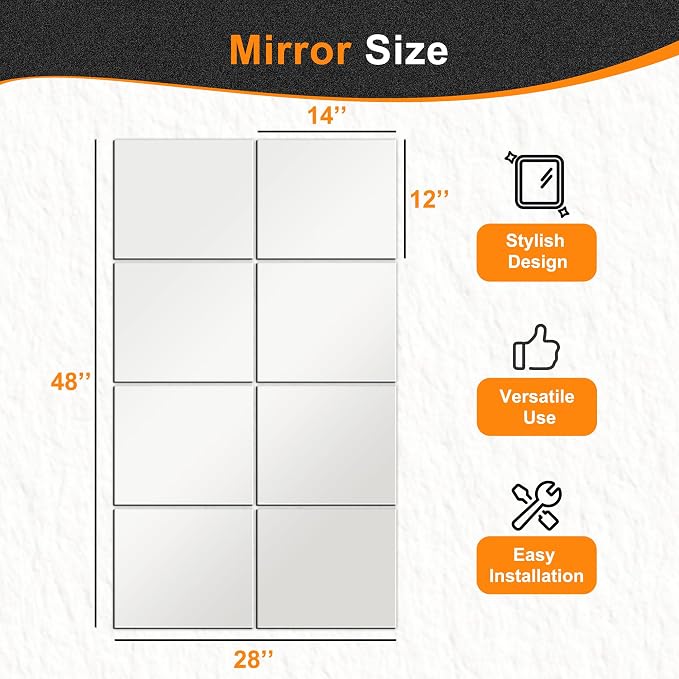 Delma Frameless Mirror Tiles 14"x12"x8 Pcs Wall Mounted, Shatter Resistant Full Length Tempered Glass Panels for Home Gym Bathroom Bedroom & Living Room Decor