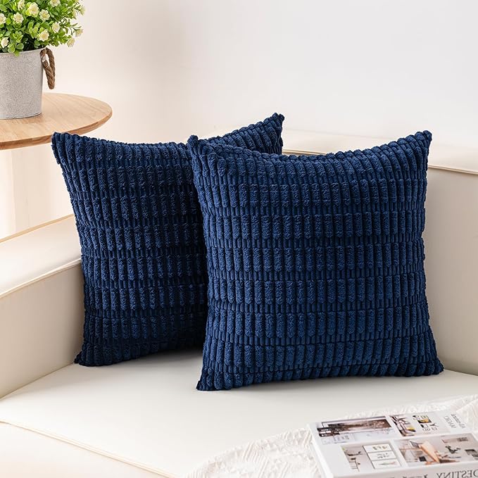 Aegero Pack of 2 Corduroy Decorative Throw Pillow Covers 16x16 Inch Soft Striped Pillow Covers Modern Farmhouse Home Decor for Sofa Living Room Couch Bed（Blue）