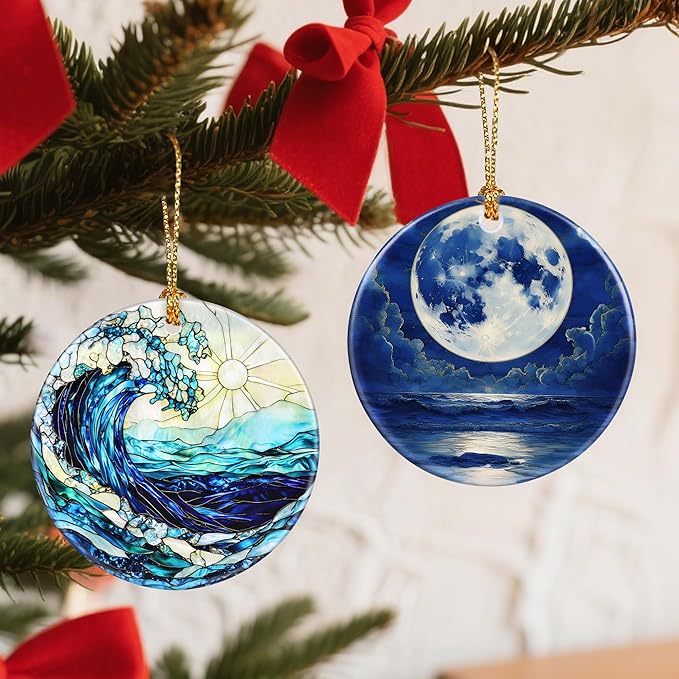 Christmas Ornaments, 2.8 Inch Ceramic Hanging Ornament, Christmas Tree Ornaments, Xmas Decorations, Holiday Decorations, Holiday Party Gifts, and Xmas Gift Ideas - Full Moon Over Ocean