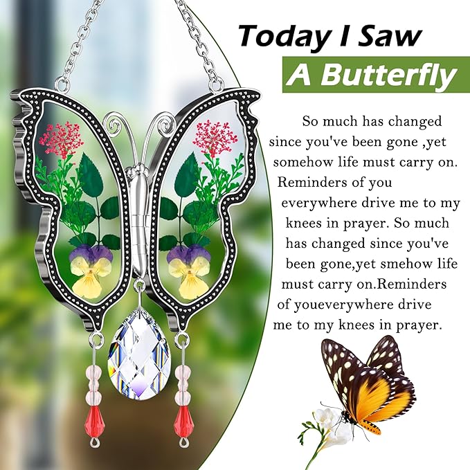 KY&BOSAM Crystal Butterfly Suncatcher Gifts for Mom Stained Glass Butterfly Wind Chime for Windows Hanging Pressed Rearl Flower Wings and Crystal Charm Gift for Mom Mother`s Day Birthday Christmas