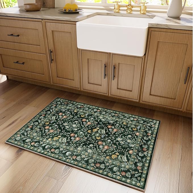 Vintage Botanical Dark Green Entryway Rug, 2x3 Kitchen Rugs Non Slip Washable Boho Green Forest Design, Soft Door Mat Indoor Entrance, Ultra-Thin Easy Clean Small Throw Carpet for Bedroom Bathroom