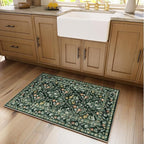 Vintage Botanical Dark Green Entryway Rug, 2x3 Kitchen Rugs Non Slip Washable Boho Green Forest Design, Soft Door Mat Indoor Entrance, Ultra-Thin Easy Clean Small Throw Carpet for Bedroom Bathroom