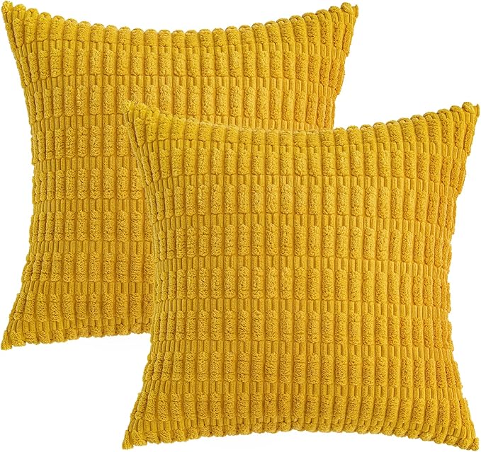 MIULEE Pack of 2 Corduroy Decorative Throw Pillow Covers 18x18 Inch Soft Boho Striped Pillow Covers Modern Farmhouse Home Decor for Summer Sofa Living Room Couch Bed Mustard Yellow