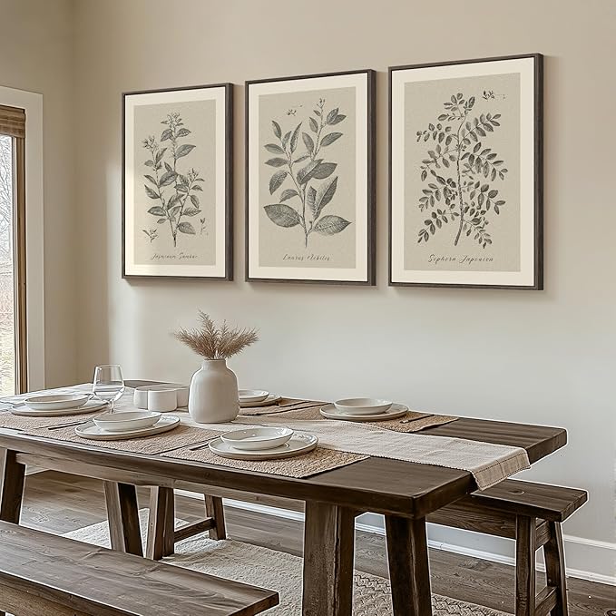 Large Framed Botanical Wall Art for Living Room, 3 Piece Neutral Plant Canvas Painting Prints Artwork for Farmhouse Walls, Vintage Floral Pictures for Bedroom Kitchen Hallway Wall Decor, 20x30 Inch