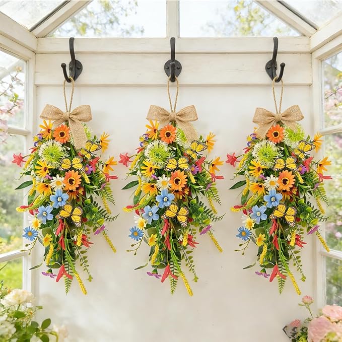 2 PCS 24'' Spring Summer Floral Teardrop Swags for Front Door Artificial Sunflowers Daisy Teardrop Swags Lavender Butterfly Swag Wreath Eucalyptus Hanging Swag for Farmhouse kitchen Cabinet Home Decor