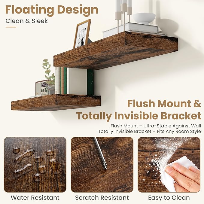 FLYJOE 36 Inch Long Floating Shelves for Wall Set of 2, 12" D Wood Grain Bathroom Shelves with Invisible Brackets, Easy Install Engineered Wood Storage Shelves for Kitchen, Living Room, Bedroom