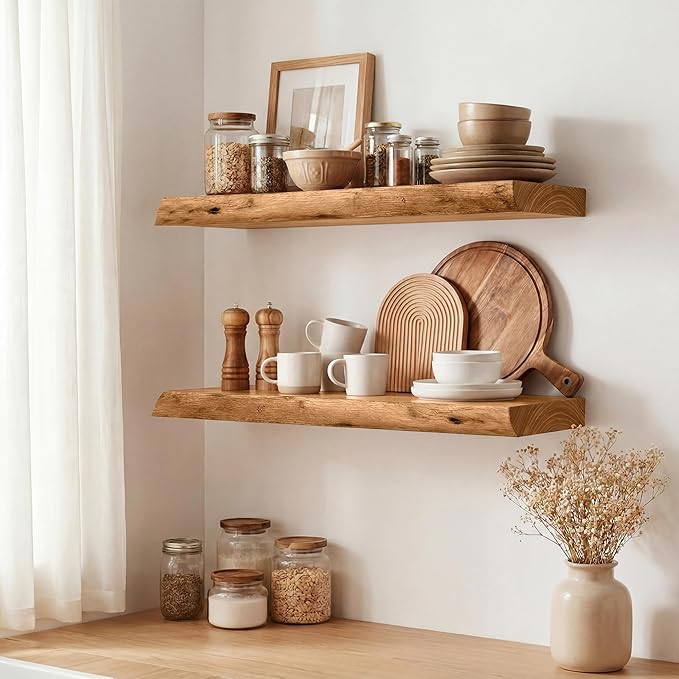 Marsmiles 16 inch Floating Shelves for Wall Elm Wood Live Edge Shelves|Rustic Wooden Wall Shelves with Invisible Bracket for Bathroom Living Room Kitchen|Natural, 2 Pack