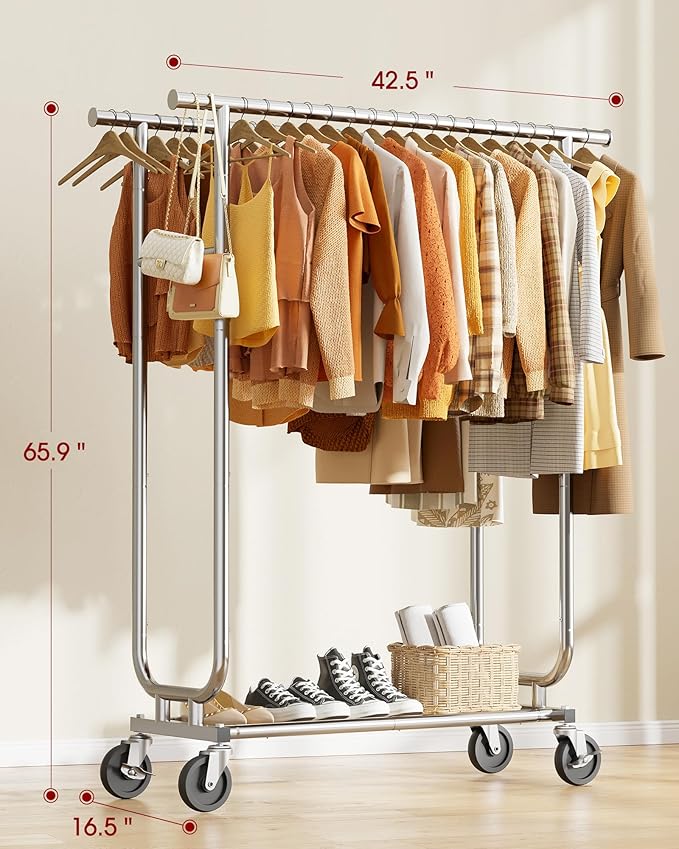 Heavy Duty Stainless Steel Rolling Clothes Rack with Mesh Shelf, Lockable Wheels & Anti-Slip Stoppers, Large Capacity Clothing Organizer for Bedroom, Laundry Room, 43.5" x 16.5" x 65.9", Silver