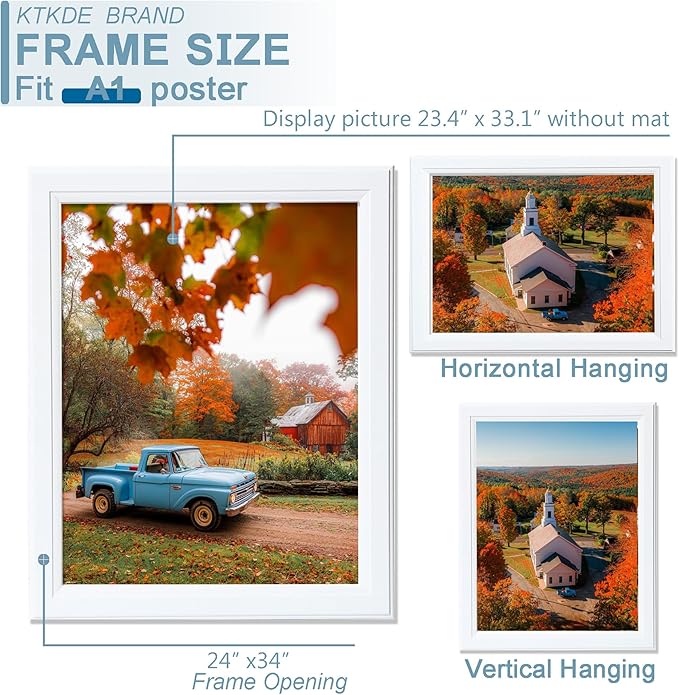 KTKDE A1 Picture Frame Set of 3, 23.4 x 33.1in Poster Frame Wooden White -Horizontal or Vertical Wall Hanging for Home, Exhibition, Caffe Large Frame for Photos, Posters - Art Prints best gift