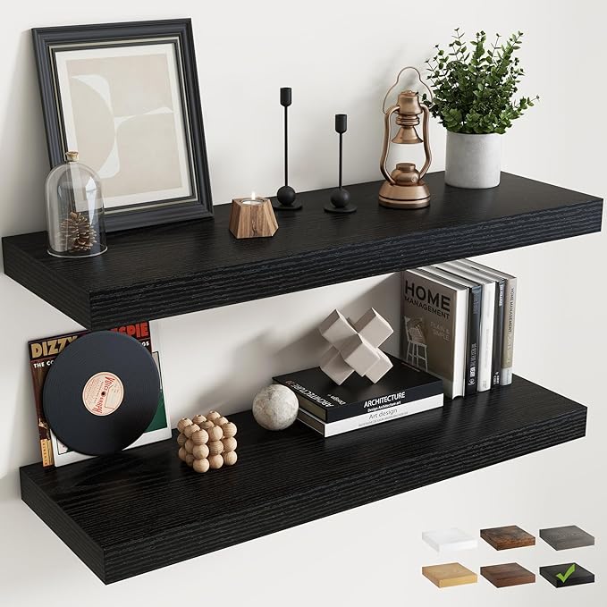 40 Inch Long Floating Shelves for Wall Set of 2, 12"D Wood Grain Bathroom Shelves with Invisible Brackets, Easy Install Engineered Wood Storage Shelves for Kitchen, Living Room, Bedroom, Black Finish