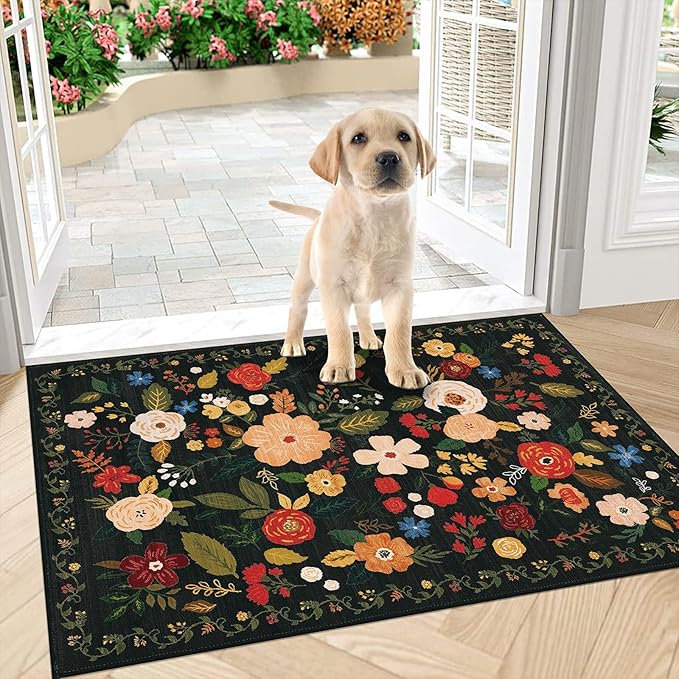 U'Artlines Indoor Door Mat Entrance Rug 2'x3'Soft Non Slip Machine Washable Floral Small Area Rug Carpet for Entryway Kitchen Bathroom Bedroom Black Green