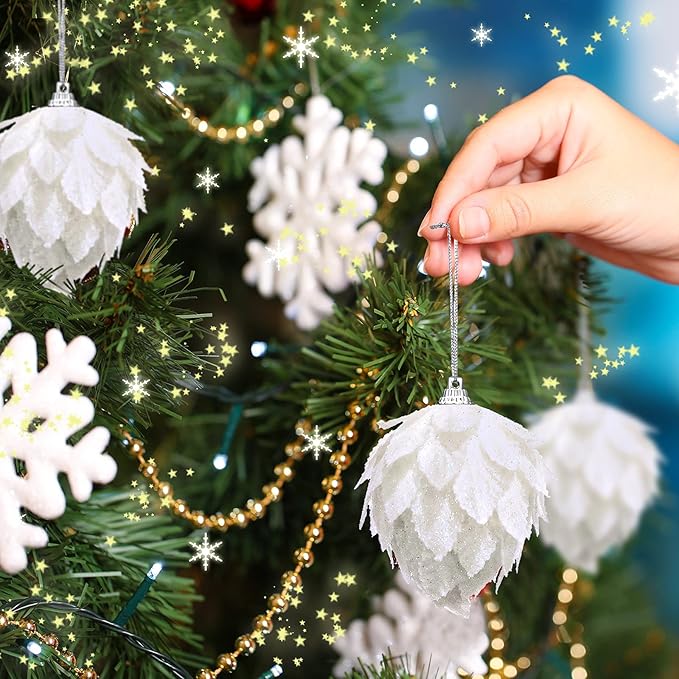 Jetec 8 Pieces Christmas Ornaments Glitter Christmas Tree Hanging Decoration Decorative Artificial Pine Cones Flowers Hanging Ornaments for Winter Wreath Holiday Decor(White)