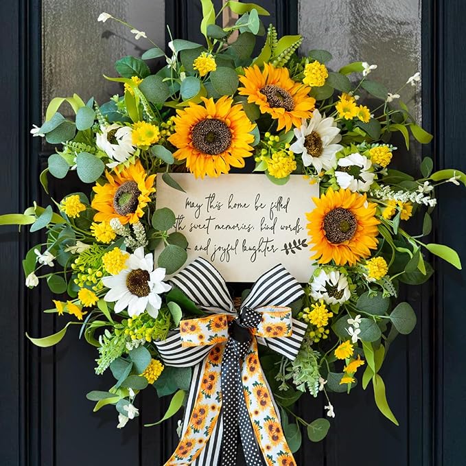 Spring Wreaths for Front Door 24 Inch Handmade Spring Summer Wreath with Artificial Sunflowers,Welcome Message Sign & Elegant Bow and White Yellow Daisy Wildflowers for Home,Porch&Gift Giving