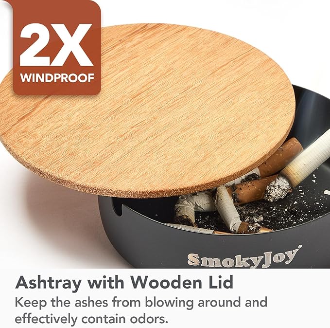 Ashtray with Lid for Outside Patio, 2 Pack Windproof Ash Tray, Black Stainless Steel Smokeless Ashtray for Outdoor Home Office Tabletop Patio Outdoor Balcony, Large