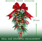 24" Pre-lit Decorative Teardrop Swag, Battery Operated Christmas Swag with Fairy Lights, Red Bowknot & Baubles, Pine Cones, Red Berries, Green Leaves Holly, Spruce Branches, Pine Needles
