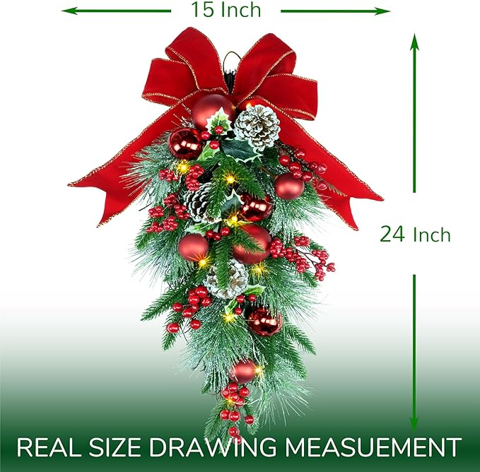 24" Pre-lit Decorative Teardrop Swag, Battery Operated Christmas Swag with Fairy Lights, Red Bowknot & Baubles, Pine Cones, Red Berries, Green Leaves Holly, Spruce Branches, Pine Needles