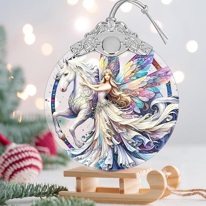 Unicorn and Fairy Stained Glass Orament - Christmas Ornament - Christmas Decorations for Tree - Holiday Present ldeas - Gift Exchange
