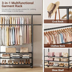 SLEEPING LAMB 44" Double Rods Clothes Rack for Hanging Clothes, Sturdy Wardrobe Clothing Rack with 3 Tier Shelves, Portable Rolling Garment Rack With Wheels for Bedroom, Laundry Living Room, Black