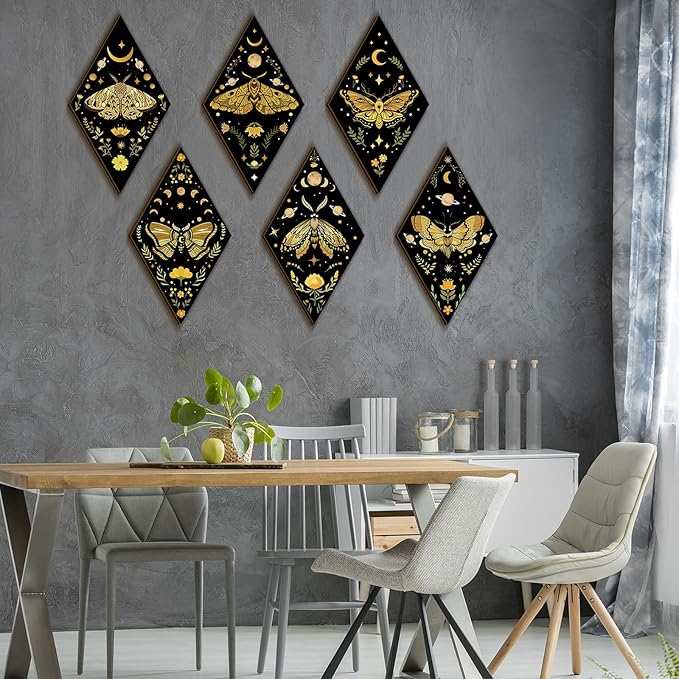Sintuff 6 Pieces Gothic Wall Decor Boho Sun Moon Phases Wall Art Gothic Minimalist Stars Sun Hanging Wooden Home Decor Farmhouse Pediments for Gallery Living Bedroom Room(Moth)