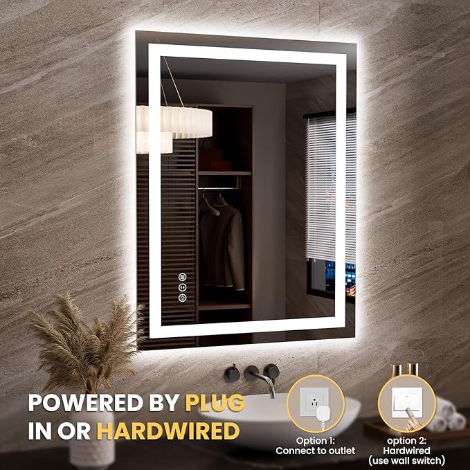 LOAAO 27.6"x35.4" LED Mirror for Bathroom, Lighted Bathroom Mirror with Lights, Anti-Fog, Dimmable, Memory Function, Clear Reflection