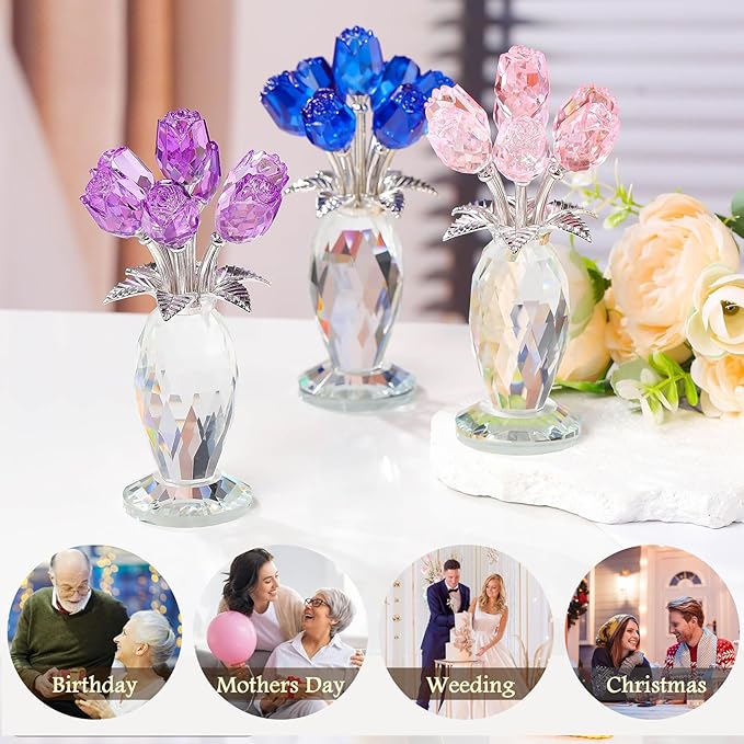 Movdyka Glass Rose Flower Pink Roses Bouquet Home Decor Crystal for Mom Wife Collectible Blown Glass Figurines Desk Ornaments Wedding Decor Romantic Gifts for Women