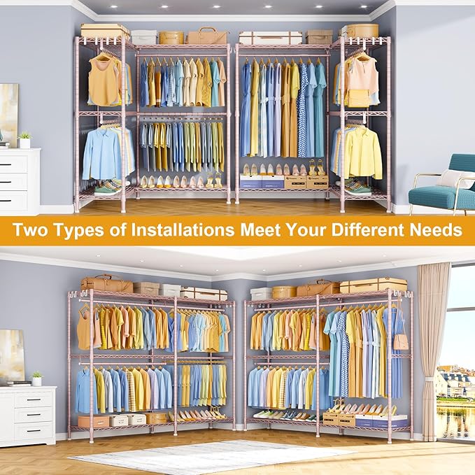 E15 Pro Garment Rack L Shaped Clothes Rack for Corner，Freestanding Clothing Racks for Hanging Clothes，Heavy Duty Closet System with 4 Hanging Rods & 8 S Hooks，48.8"W x 15.8"D x 78.4"H，Pink