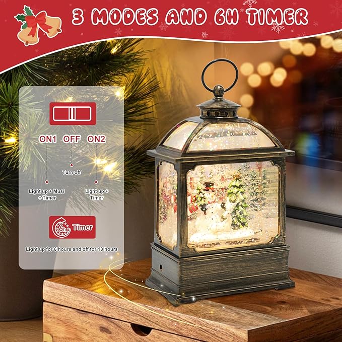 Christmas Snow Globe Lantern with Snowman 8 Music Songs & 6H Timer Water Snow Globe Lantern USB & Battery Operated for Christmas Festival Decorations Gifts (Snowman)