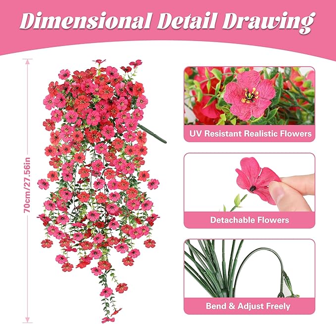 Artificial Hanging Flowers for Outdoors,No Fade 2 Bundles Fake Silk Flowers for Outside, Realistic Faux Plants Decorations for Hanging Baskets, Planters-Porch, Patio, Yard Decor