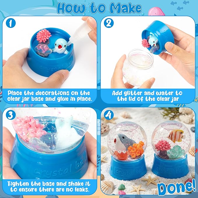 Ocean Snow Globes Craft Kit - 8 Set DIY Plastic Snow Globe Craft with Mini Resin Fish Animal, Make Your Own Party Favor Decor with Glitter for Art Activity (Under The Sea)